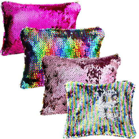 Tatuo 4 Pcs Glitter Sequin Makeup Bag - Rainbow Iridescent Small Reversible Cosmetics Pouch for Women