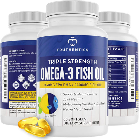 TRUTHENTICS Omega 3 Fish Oil, 2400 mg Triple Strength, Burp-Free Lemon Flavor, 60 Softgels