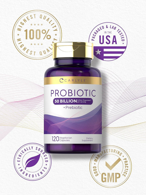 Carlyle Probiotics with Prebiotics, 120 Capsules, 50 Billion Active Organisms, Non-GMO & Gluten Free