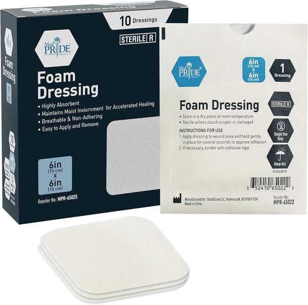 MED PRIDE Sterile Non-Adhesive Foam Wound Dressings - Highly Absorbent, Soft, Waterproof, Flexible (6X6 Inch, Pack of
