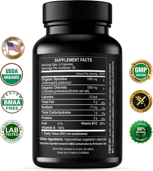 Chlorella Spirulina Powder Capsules - Organic 3000 mg Purest Blue Green Algae, Best Natural Detox Superfood