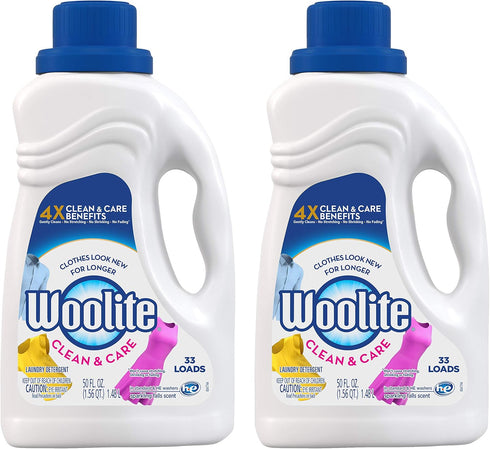 Woolite Clean & Care Liquid Laundry Detergent, 2x50oz, 2x33 Loads, Regular & HE Washer, Gentle Cycle, Sparkling Falls