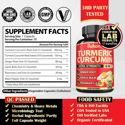 6in1 Turmeric Curcumin Supplement - 3 Month Supply - 95% Curcuminoids with Ginger Root, Garlic Bulb, Rosemary & Black Pepper - 90 Capsules