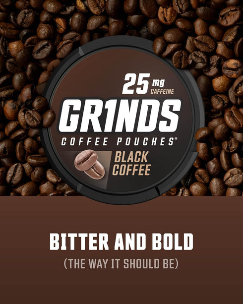 Grinds Coffee Pouches | Tobacco Free, Nicotine Free | 3 Cans of Black Coffee, 18 Pouches Per Can