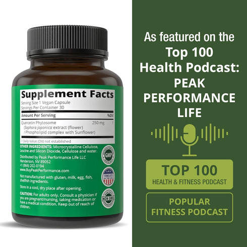 Peak Performance Ultra Pure Quercetin Phytosome Vegan Capsules, 250mg Supplement with Sophora Japonica Extract, Made in