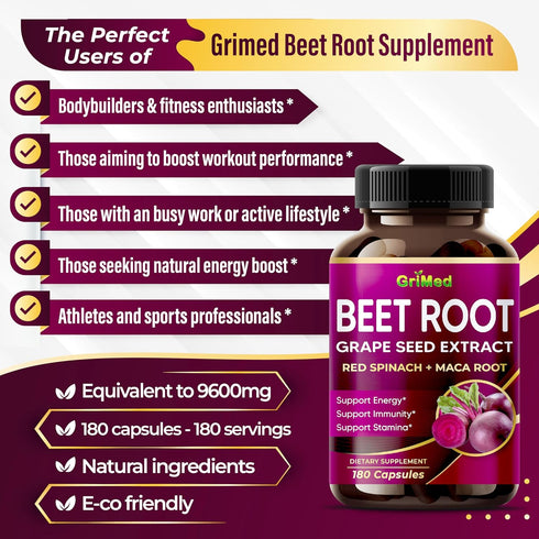 12,900mg Beet Root x12 Potency with Grape Seed Extract, Healthy Energy Supplement for Heart Support, 180 Count