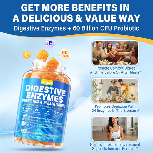 Digestive Enzymes with Probiotic Gummies, 24 Essential Chewable Multi Enzymes - Papaya, Lipase, Amylase, Bromelain, 2