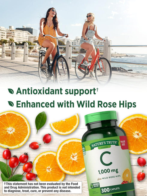 Nature's Truth Vitamin C 1000mg with Rose Hips, 300 Caplets, Vegetarian, Non-GMO & Gluten Free Supplement