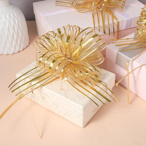 Macuezu 6 6 Inches PCS Gold Pull Bows, Gold Bow for Gift Wrapping, Reusable Organza Glitter Bows for Valentine's Day