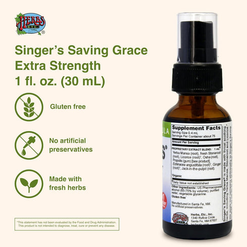 Herbs Etc. Singer's Saving Grace Extra Strength, 1 fl oz Throat Relief Spray with Licorice