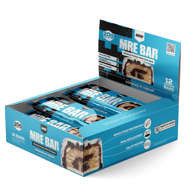 REDCON1 MRE Protein Bar, Cookies N' Cream, 20g Whole Food Protein, Low Sugar Meal Replacement Bar (12 Bars)