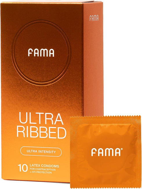 FAMA Ribbed Condoms for Men,Texture Natural Latex Condoms with Sillicone Lubricant, Ultra