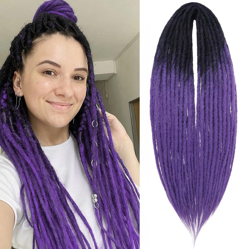 Leeven 24 Inch Synthetic Double Ended Dreadlock Extensions, Black to Purple Thin DE Dreads, 10 Strands Handmade for