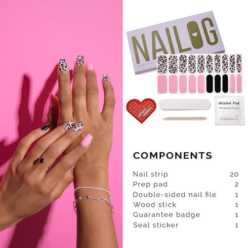 NAILOG Semi Cured Gel Nail Strips, 20 Extra Long Polish Stickers, Glossy & Long Lasting, Pink Leopard