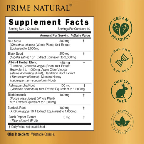 120 Capsules Sea Moss 3000mg, Black Seed Oil 2000mg, Ashwagandha 1000mg, Turmeric 1000mg, Vegan