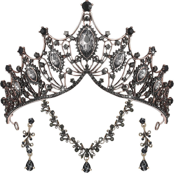 Hicarer 3 Pieces Baroque Queen Crown Set - Tiara Earrings Necklace Crystal Headband Tiaras for Women Bridal Wedding