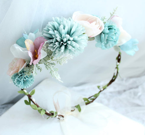Vivivalue Boho Flower Headband Women Floral Crown Hair Wreath with Ribbon for Wedding Party Festival Photos Blue