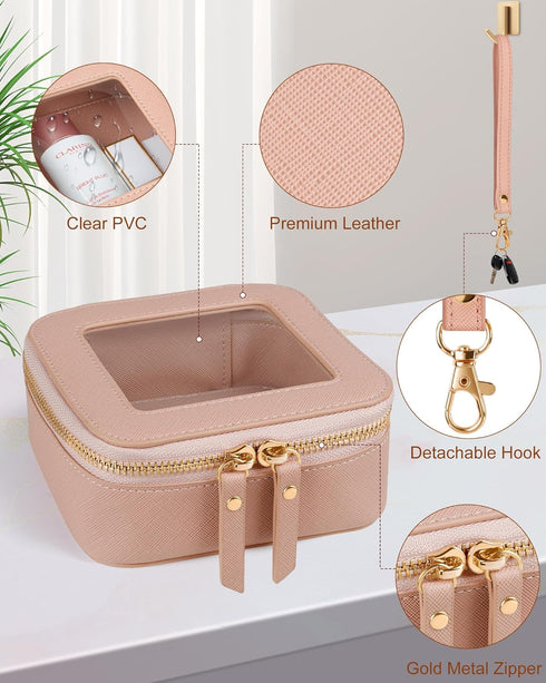 Mini Clear Makeup Bag | Small Leather Cosmetic Pouch for Purse | Cute Organizer for Car Travel Essentials (Pink Mini)