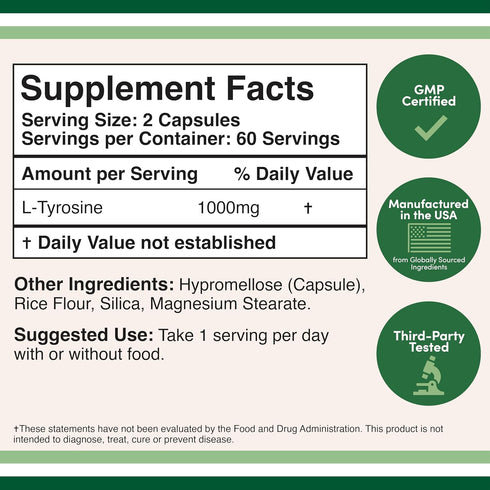 L-Tyrosine 1,000mg per Serving, 120 Veggie Capsules (L Tyrosine Supplement for Memory, Attention, and Focus) Amino Acid, Vegan Safe, Non-GMO by Double Wood
