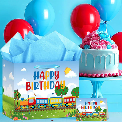 Yomaiha 11.8'' Train Birthday Gift Bag with Greeting Card and Tissue Papers, Train Birthday Gift Wrapping Paper Bag