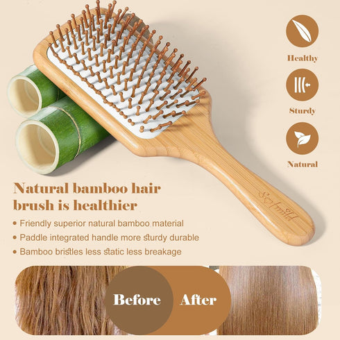Natural Wooden Bamboo Hair Brush and Detangle Tail Comb, Paddle Hairbrush for Women, Men, Kids, Curly Hair Health