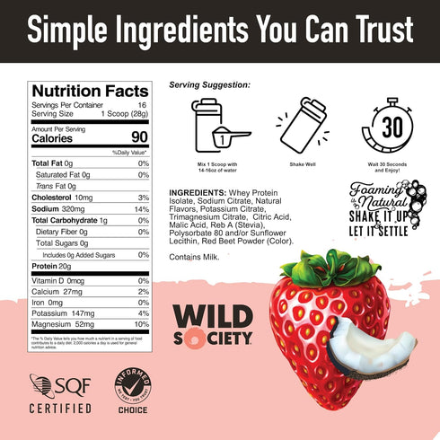 WILD SOCIETY Premium Clear Whey Protein + Electrolytes, Strawberry Coconut, 16 oz