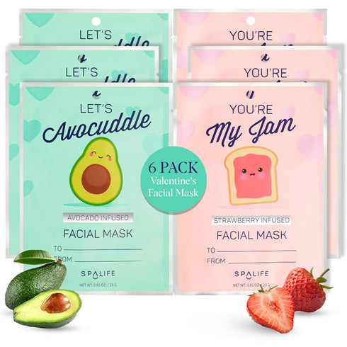 SpaLife Let’s Avocuddle & You're My Jam Face Masks 6 Pack Bundle, Avocado & Strawberry Extract for Hydration