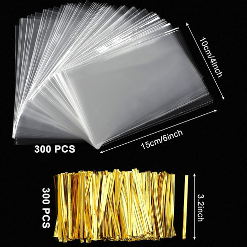 Augshy Cake Pop Bags, 300 Pcs 4x6" Treat Cello Bags with 300 Twist Ties for Lollipop Candy Wrapping