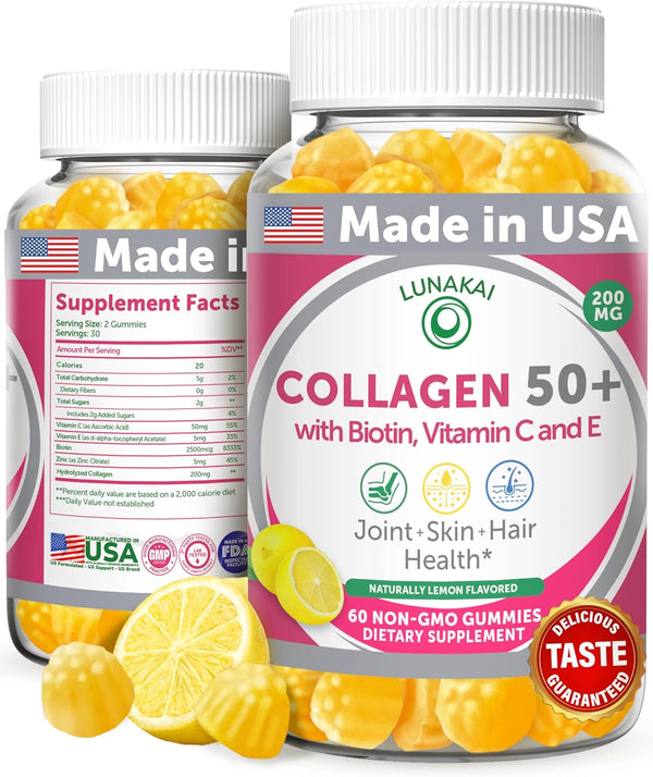 Lunakai Collagen Gummies with Biotin for Men & Women Over 50 - 60ct Anti-Aging Formula with Zinc, Vitamin C & E