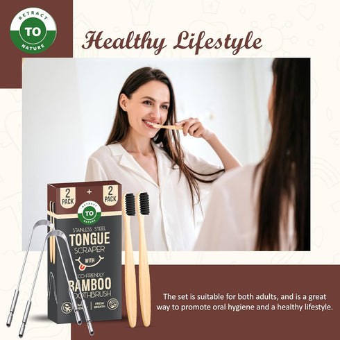 Eco-Friendly Tongue Scraper (2 Pack) with Bamboo Toothbrush (2 Pack) I Stainless Steel Cleaners for Fresher Breath.