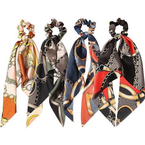 LFOUVRE 4 Pcs Chain Satin Hair Accessories, Ribbon Scrunchies with Long Tails and Knotted Hair Bands