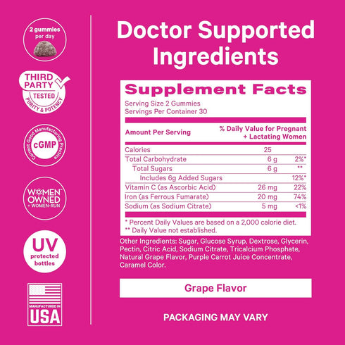 Pink Stork Prenatal Iron Supplement Gummies for Women, 20 mg with Vitamin C, Grape Chewable for Deficiency, Energy,