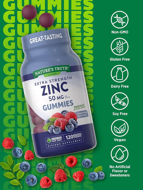 Zinc Gummies for Adults | 50mg | 120 count | Vegan, Non-GMO & Gluten Free | Mixed Berry Flavor