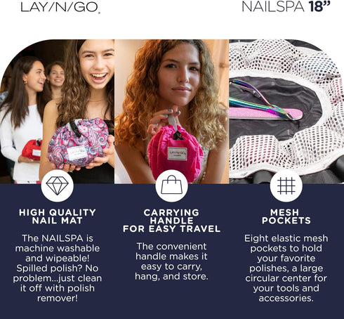 Lay-n-Go NailSpa Drawstring Cosmetic Bag - Portable Organizer with 8 Elastic Mesh Pockets (18", Violet Floral)