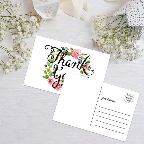 50 Thank You Postcards, Blank Thank You Note Card, Floral Watercolor Calligraphy Stationery for Wedding, Bridal or Baby