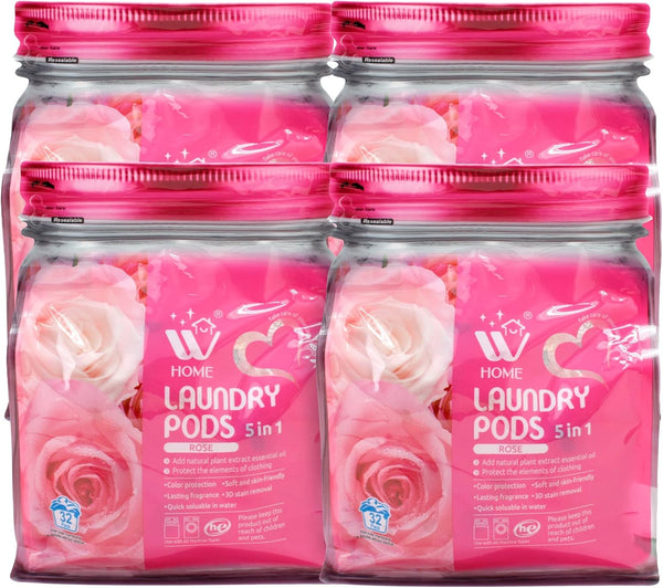 5-in-1 Laundry Pods, Total 128 Count, Ultra Concentrate, Powerful Stain Lifter, Fabric Softener with Rose Extracts