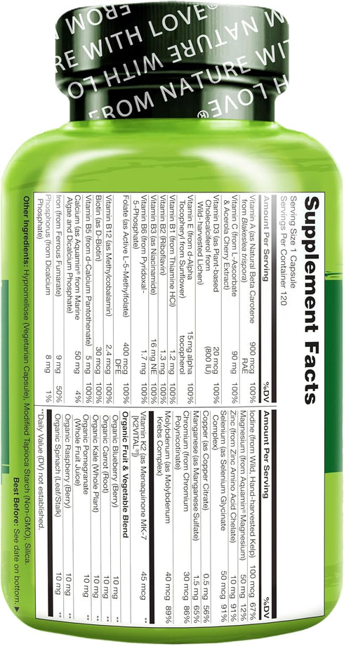 NATURELO One Daily Multivitamin for Women - Energy Support, Whole Food Supplement, 120 Capsules, Non-GMO