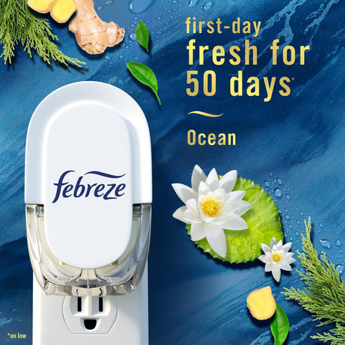 Febreze Plug in Air Fresheners for Home, Ocean Scent, Wall Diffuser, Odor Fighter, 1 Warmer + 2 Oil Refills