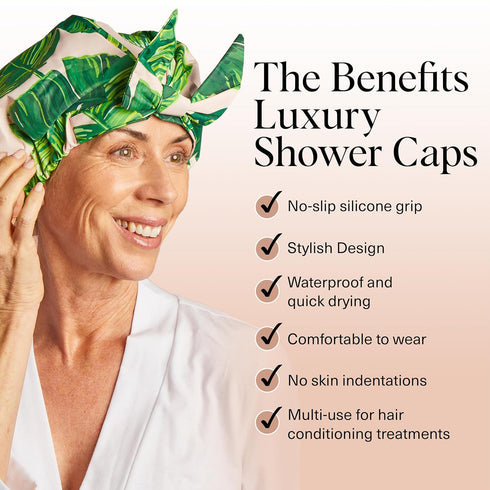 Kitsch Luxury Shower Caps, Reusable Waterproof, Large, Non-slip, Quick-dry Hair Cap, Palm Leaves Design