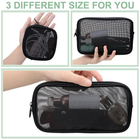Weewooday 4 Pcs Mesh Makeup Bag, Travel Toiletry Pouch with Zipper, Black, Small, Large, Medium