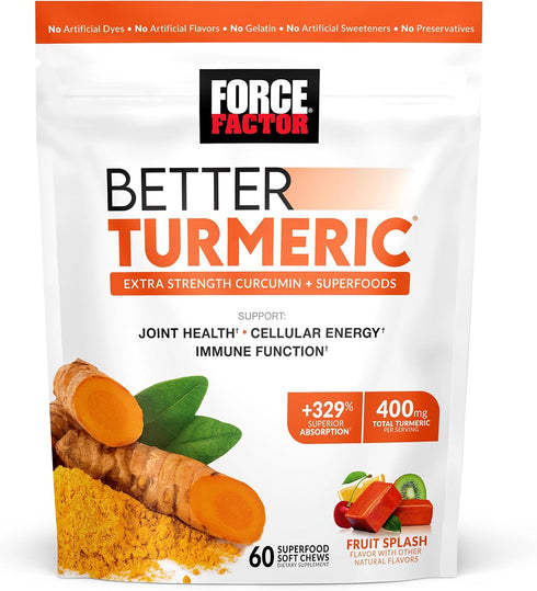 Force Factor Better Turmeric Joint Support Supplement, HydroCurc Turmeric Curcumin with Black Pepper, Fruit Splash, 60