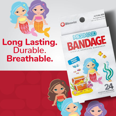 BioSwiss Mermaid Shaped Bandages, Self Adhesive Latex Free Sterile Wound Care, Fun First Aid Kit for Kids, 24 Count