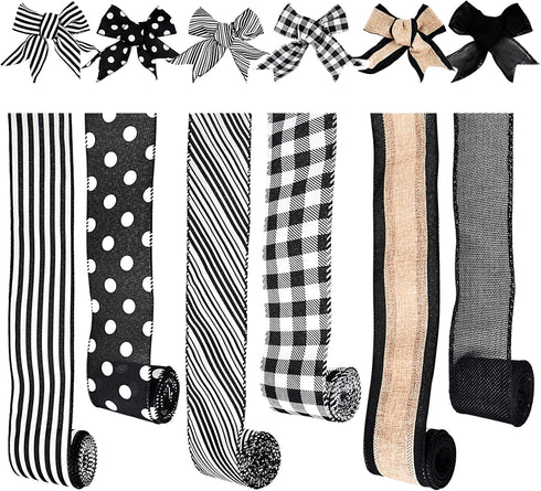 Wired Ribbons - Polyester Buffalo Plaid, Stripes, Dot, and Burlap - 2.5 inch Ribbons, 6 Rolls 30 Yards for Decoration