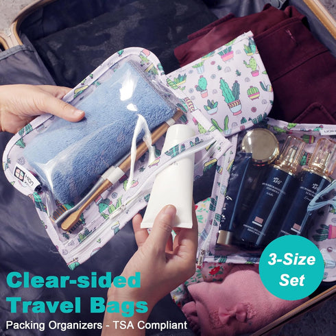 TSA Approved Toiletry Bag Set of 3 Clear Travel Quart Size Zipper Pouches, Waterproof Makeup Bag for Toiletries, Cacti A