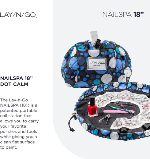 Lay-n-Go NailSpa Drawstring Cosmetic Bag, Portable Nail Supplies Organizer with 8 Elastic Mesh Pockets, 18", Blue Polka