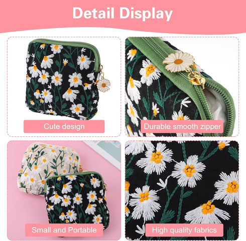 TIESOME 2 Daisies Sanitary Napkin Storage Bag, Pcs Embroidery Menstrual Cup Pouch Cotton Soft Period Holder Bag