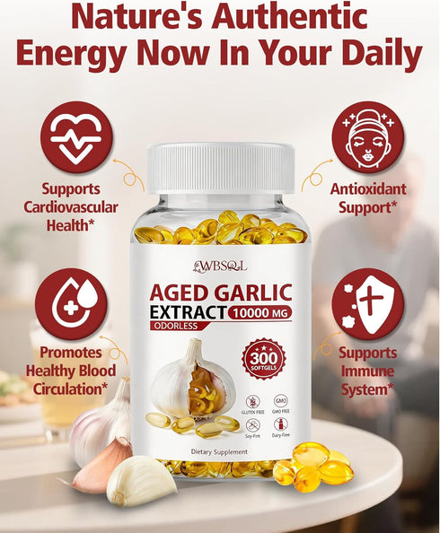 WBSQL 10,000 300 2 Immune Odorless Aged Garlic Extract mg - Softgels, Year Aged Garlic Supplements for Heart & Support