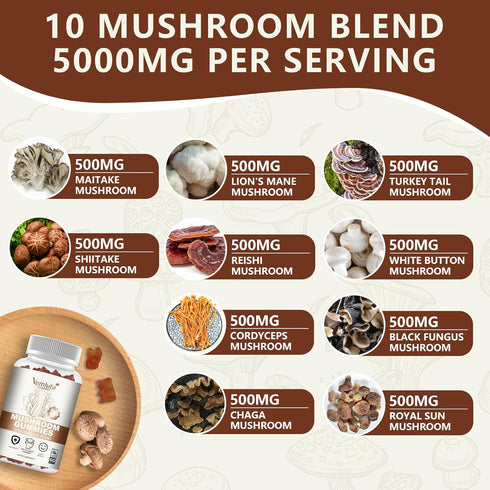 Vemluta 2 Packs 5000MG Gummies -10 Immune 120 Counts Mushroom Blend Organic Mushroom Supplement containing Lion's Mane