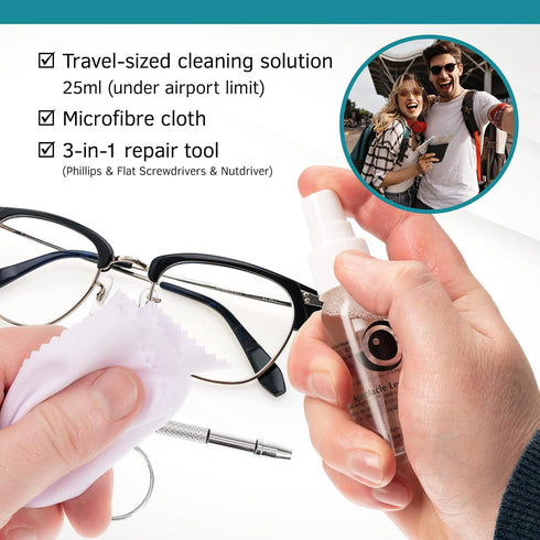 Complete Eyeglass Lens Cleaner Set | Cleans Any Lens or Screen | Includes Cleaning Solution, Repair Tool, Microfiber
