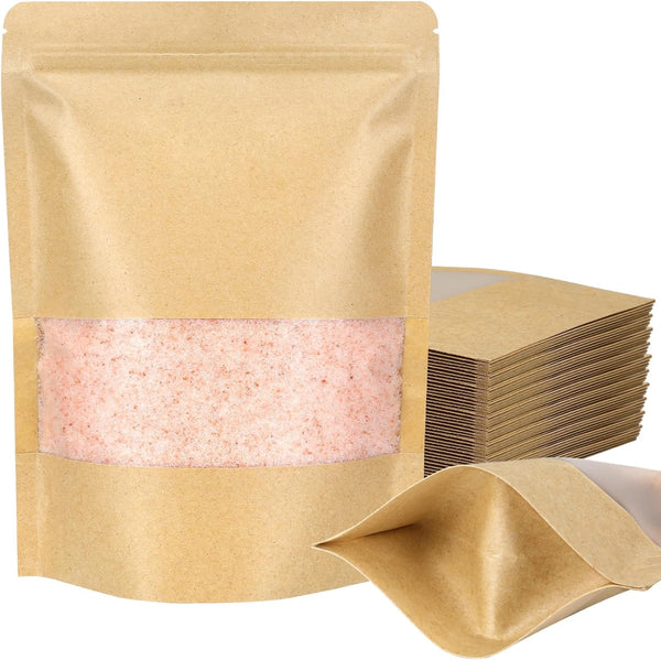 Blisstime 50 Pack Kraft Paper Stand Up Pouches with Matte Window, Resealable Bags for Small Business (6.3 x 8.7 Inches)